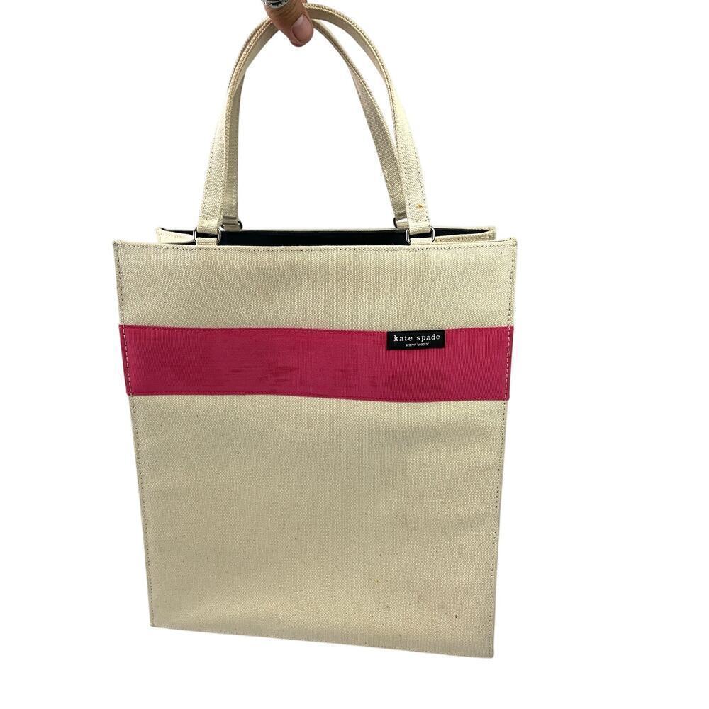 VTG Kate Spade‎ Tote Bag Beige Pink Canvas Handbag Solid Stripe